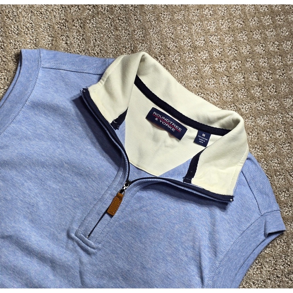 Roundtree & Yorke Men's M Blue Pique Cotton Quarter Zip Vest Pullover Golf Polo